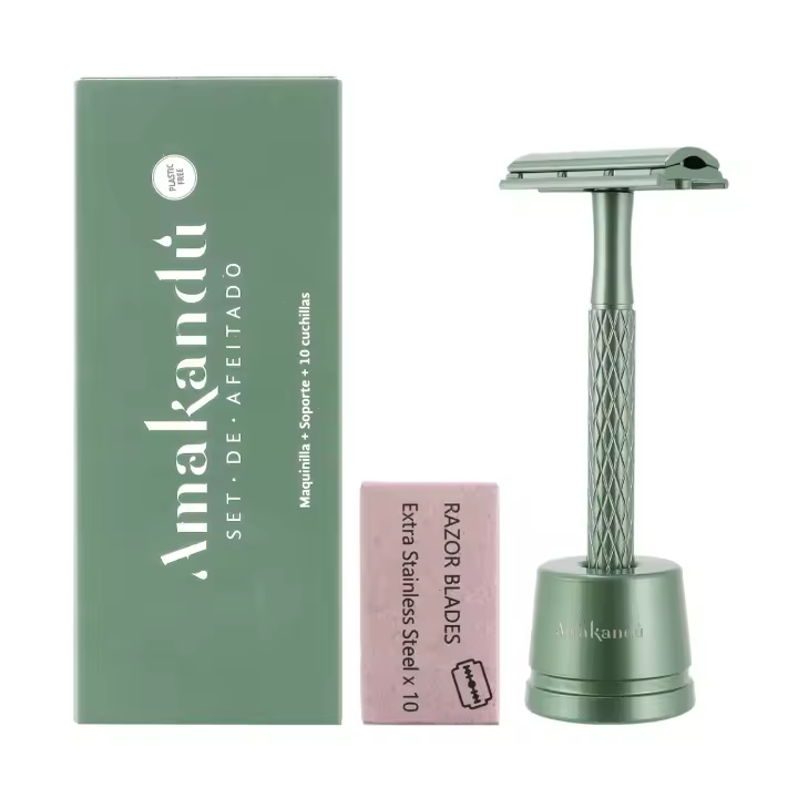 Amakandu_Set de Afeitado Corporal_Maquinilla de Afeitado Corporal con Soporte y 10 Hojas de Afeitado Indicada para Eliminar de Forma Segura el Vello Corporal. Plastic Free. Unisex - 1