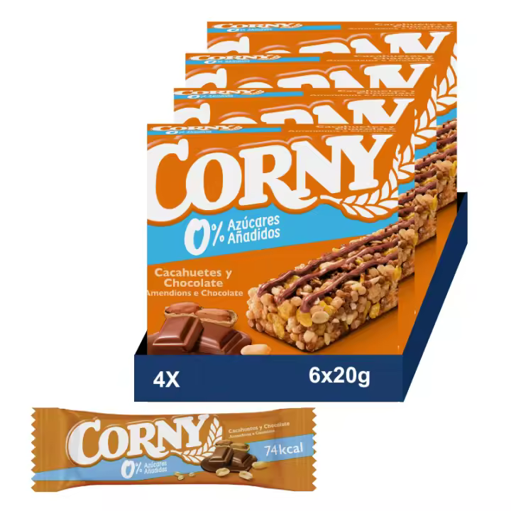 Corny 0%, Barrita de Cacahuetes y Chocolate con Leche, Sin Azúcares Añadidos, Con Cereales Integrales 4x (6x20g) - 1