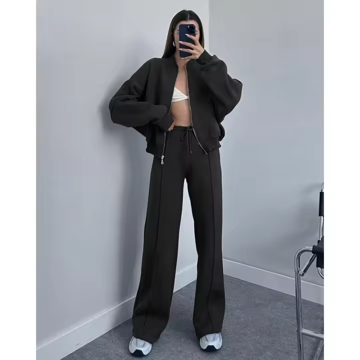 Conjunto de chándal de 2 piezas para mujer, sudadera con cremallera de manga larga, pantalones deportivos de pierna ancha, conjuntos de ropa de estar por casa - 1