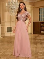 Vestido De Talla Alta Con Borlas Y Abertura Alta Glitter V-Neck De Tela De Chiffón Rosa Con Parches De Lentejuelas Para Mujer - details 5