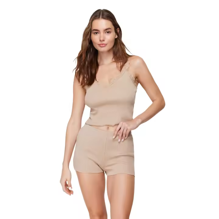 Trendyol Anthracite Laced Ribbed Shorts Knitted Pajama Set Thmss24Pt00006 - 1