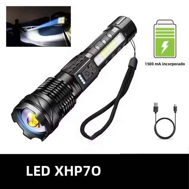 Linterna LED Potente XHP50 Impermeable Con Luz Lateral Y 7 Modos Recargable Por USB Y Zoom Para Camping Y Pesca - 1