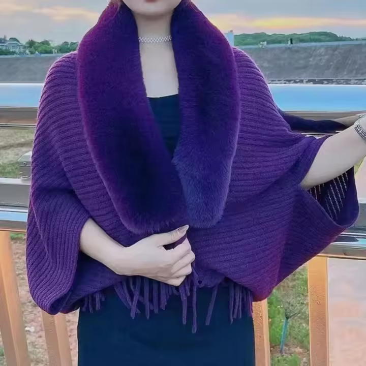 Chal De Punto Para Mujer Cuello De Piel De Peluche Grueso Abrigo De Evening Vestido De Boda Manto Cardigan Capa Estilo Casual - 1