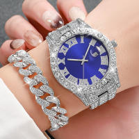 Reloj De Hombre Hip Hop 2PCS/set Moda Diamante En Acero Inoxidable Cuarzo Regalo Para Novio Display Numeral Romano - details 1