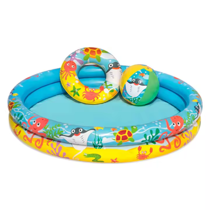 Tradineur - Piscina hinchable infantil de 2 aros, vinilo resistente, válvula de seguridad. Incluye: Piscina, pelota y flotador. 122 x 20 cm. (Diámetro x alto) - 1
