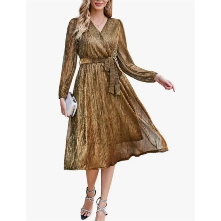 GRACE KARIN Vestido de Noche Elegante para Mujer con Lunares Dorados y Cinturón. Talla M - 1
