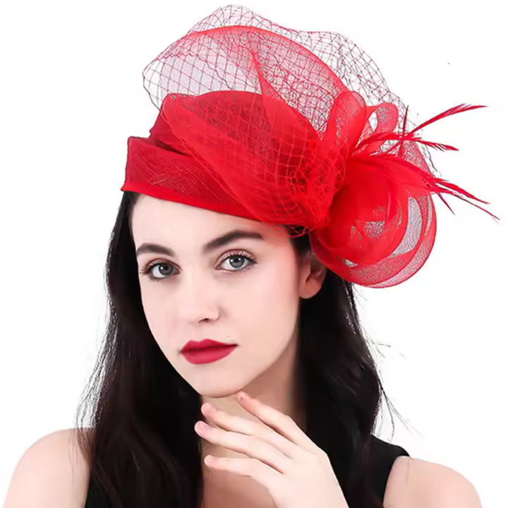 Sombrero De Fiesta Elegante En Rojo Sinamay Para Mujer Con Pluma Y Velo Para Boda Iglesia Cóctel Té Sombrero Derby Formal - 1