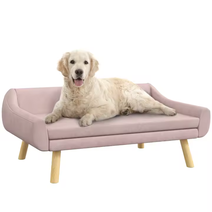 PawHut Sofá para perros y gatos con respaldo, sofá para perros con patas de madera, sofá para mascotas con cojín, cama para perros medianos y grandes, terciopelo rosa, 102 x 58,5 x 42,5 cm - 1