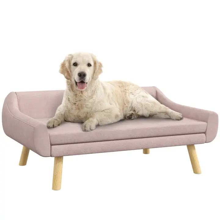 PawHut Sofá para perros y gatos con respaldo, sofá para perros con patas de madera, sofá para mascotas con cojín, cama para perros medianos y grandes, terciopelo rosa, 102 x 58,5 x 42,5 cm - 1
