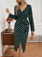 Vestido Largo De Encaje Con Estampado De Puntos Para Mujer Estilo Elegante Y Casual Con Abertura Frontal Y Cuello Cruzado Vestido Midi Para Oficina Y Diario - details 0