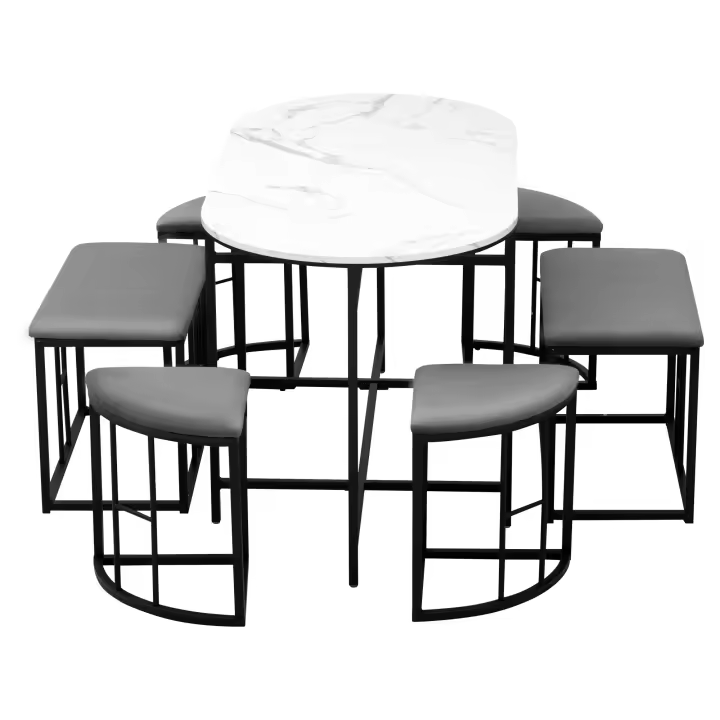 Juego de Mesa de pesa (juego con Mesa de comedor, 4 taburetes pequeños y 2 taburetes grandes), juego de Mesa de Cocina, Estructura de Maple, moderno Blanco y negro.140 * 70*76cm, puede cargar 120kg - 1
