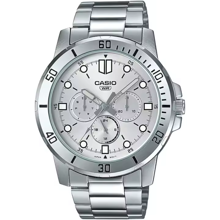 reloj deportivo hombre Casio MTP-VD300D-7E dial blanco 45mm correa de acero resistente al agua pulsera triple pliegue 3 esferas - 1