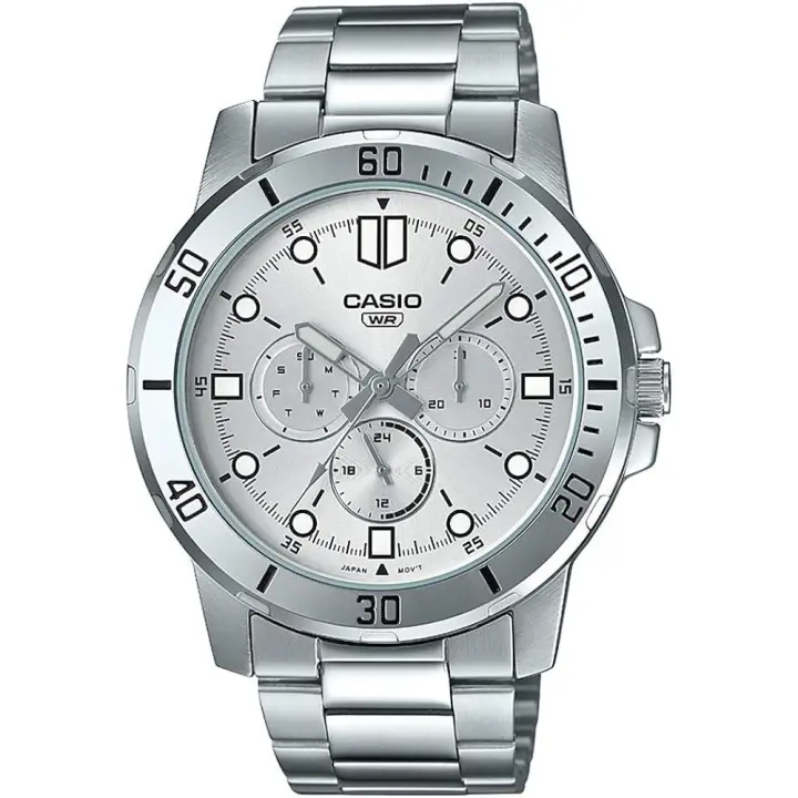 reloj deportivo hombre Casio MTP-VD300D-7E dial blanco 45mm correa de acero resistente al agua pulsera triple pliegue 3 esferas - 1