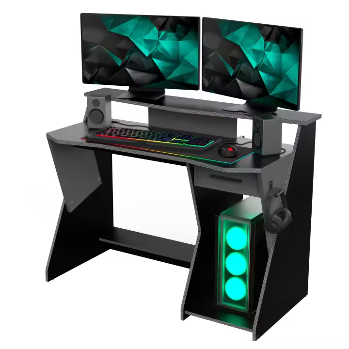 Miroytengo Mesa Gaming Skin  en Color Gris y Negro con 1 Cajón y 1 Gancho para los Cascos 90x124x60 cm - 1
