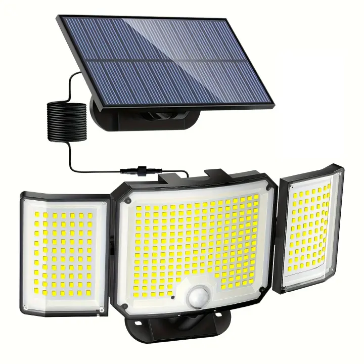 luz solar exterior， Lámpara de pared solar con 346 LED, sensor de movimiento, luz de seguridad exterior/interior solar, 3 modos de iluminación, 3-cabezal de luz de inundación solar, montaje semi empotrado, baja tensión, control de botón - 1