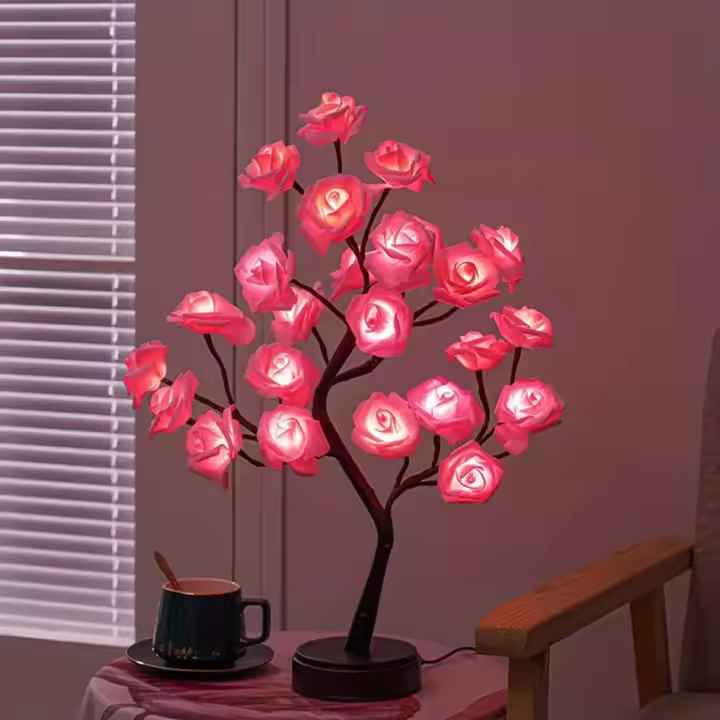 Lámpara De Noche Floral LED 24 Luces Para Decoración De Bodas Y Fiestas En Casa Lámpara De Mesa Con Luz De Árbol De Rosas USB Y Batería Incluida Para Dormitorio - 1