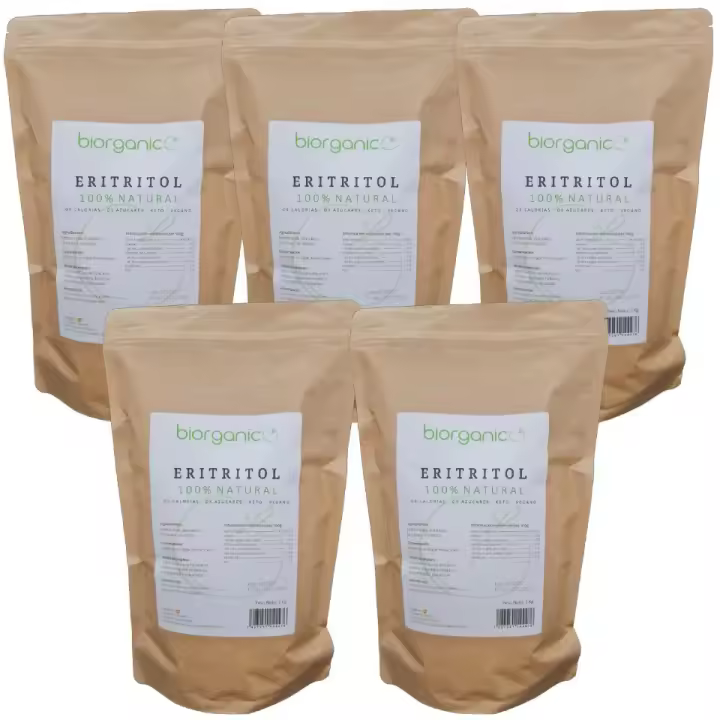 Eritritol 100% natural 5Kg. Pack oferta. KETO. Vegano. Sin MGOs. Edulcorante granulado Cero calorías. Biorganic, marca española. - 1