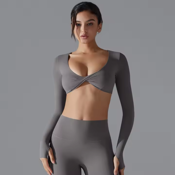 Yoga manga Largo ajustado Sexy transpirable secado rápido Deporte sujetador Gimnasio Push Up a prueba de Golpes alta intensidad Pilates ropa Mujeres - 1