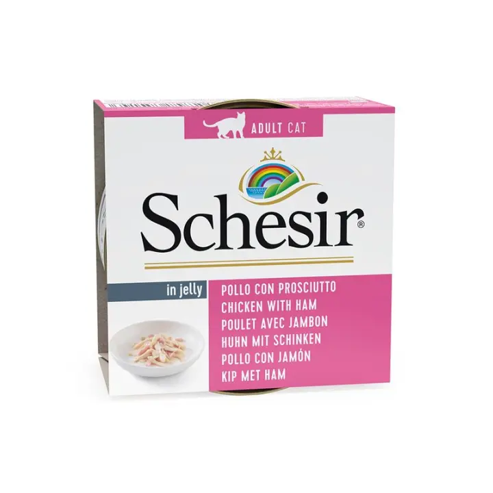 6X85g  SCHESIR ADULT POLLO CON JAMÓN EN GELATINA LATA PARA GATOS - 1