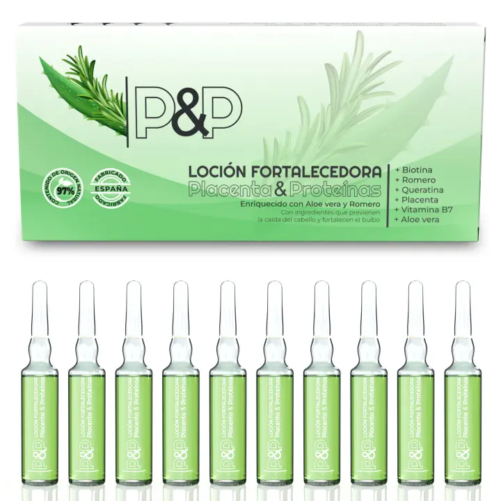 Ampollas Anticaida para el cabello. Enriquecida con Placenta, Romero y Aloe Vera. Tratamiento fortalecedor del bulbo. Prevención de la caída del pelo. Mujer y Hombre (10 ampollas de 10 ml)… - 1