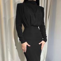 Vestido Largo De Color Sólido Para Mujer Con Cintura Ajustada Manga Larga Y Cuello Redondo Estilo Europeo Y Americano Para Primavera - details 5