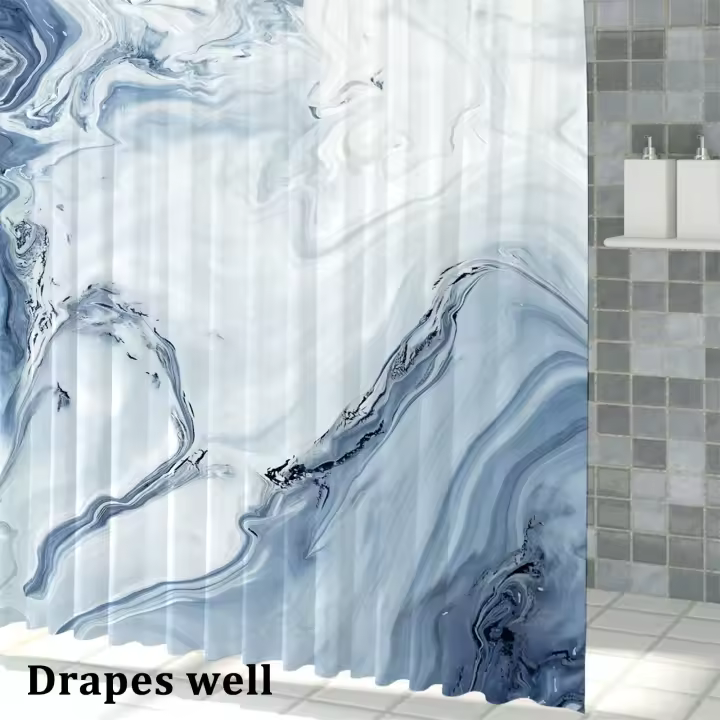 Cortina de ducha con 12 ganchos, tela de mármol azul claro para baño, 180 x 180 cm, poliéster - 1