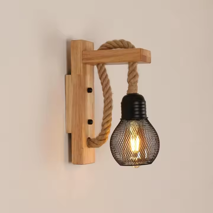 SOMY Lámpara de pared industrial vintage, lámpara de pared de madera rústica retro, pantalla de jaula de metal negro, lámpara de pared de madera de cuerda de cáñamo interior para dormitorio, sala de estar (sin bombillas) Aplique de pared exterior - 1