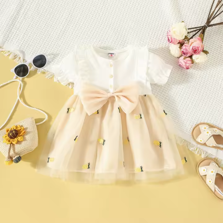 Vestido De Fiesta Para Bebé Niña Verano Con Bordado De Piña Y Lazo En Malla Con Mangas Burbuja Estilo Coreano Vestido De Cotton Y Poliéster - 1
