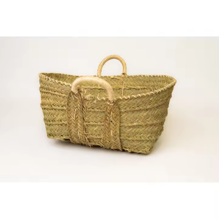 Fibranature - Cesta, leñera de esparto rectangular con dos asas - Fabricación 100% artesanal con prodcutos naturales - articulo para guardar la leña y decorativo - detalle de cuerda blanca en asas y borde - - 1