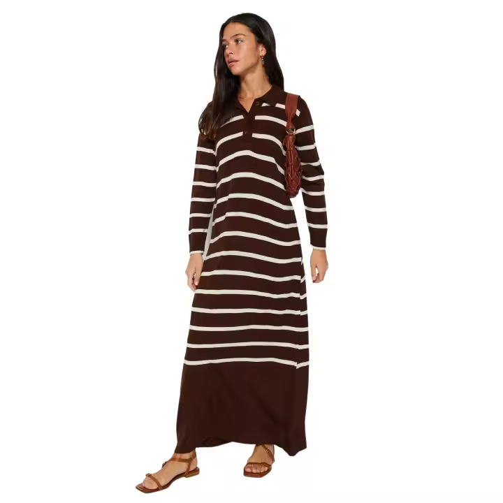 Trendyol Brown Polo Button-Down Collar Striped Knit Dress Tctaw22Eb02122 - 1