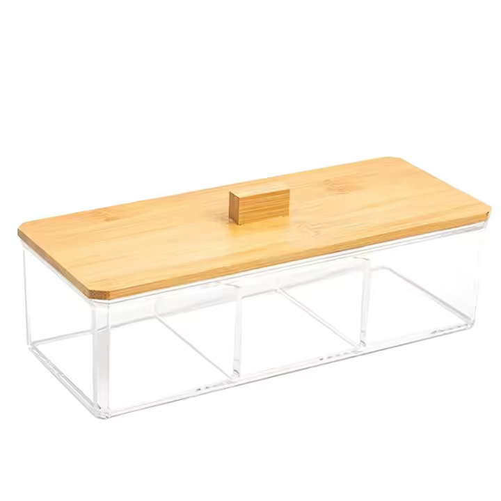 Caja de Almacenamiento cosmético Organizador Maquillaje Tapa Bambú, 3 Compartimientos, Plástico, Almacenamiento Goma Cabello, Transparente y Natural, 7,5x23x9,5 cm aprox - 1