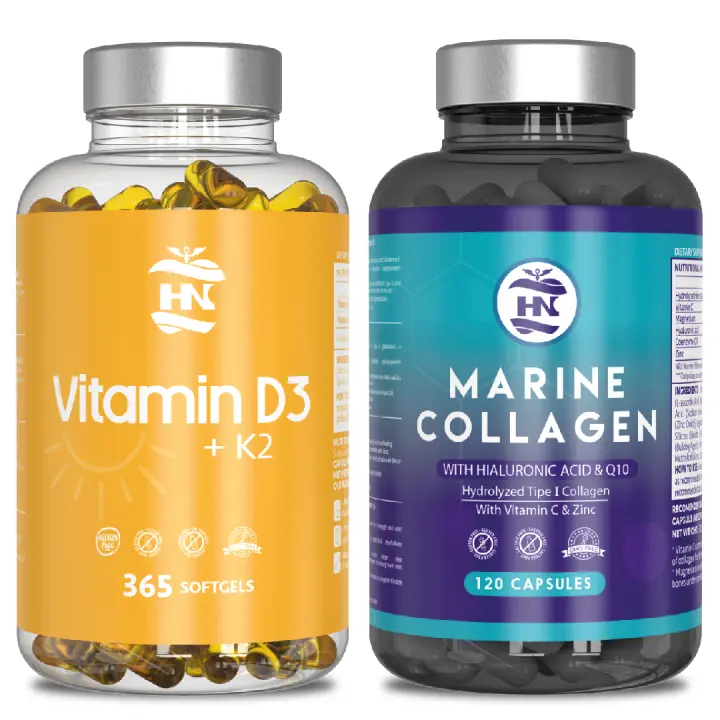 HN - Healthy Nutrition - Pack Vitamina D3 & Colageno Marino - Huesos y Articulaciones - 365 Cápsulas de vitamina D3 K2 – Vitamina D (5000 UI) altamente concentrada. Colageno Marino Hidrolizado Puro con Acido Hialuronico, Vitamina C y Coéncima Q10 - 1