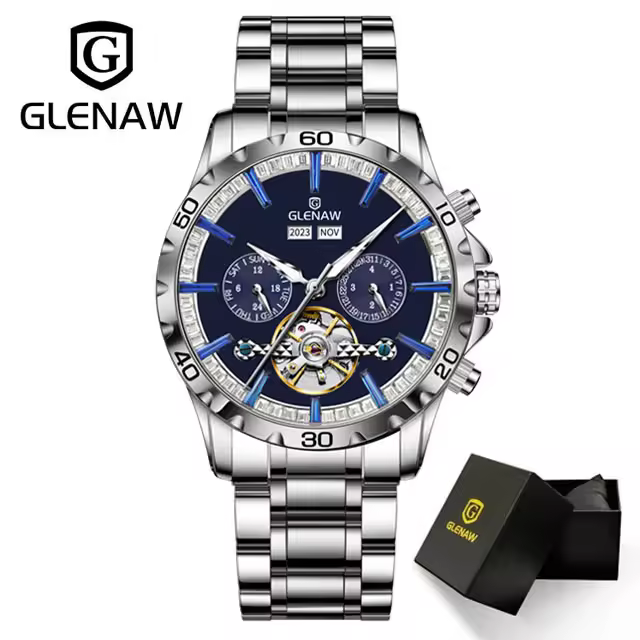 Reloj Mecánico Para Hombre GLENAW 2024 Resistente Al Agua Luminoso Acero Inoxidable Con Fecha Calibre Automático Skeleton Fashion - 1