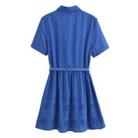 Vestido Corto Para Mujer Con Cinturón Y Bordado De Encaje Francesa Versátil Y Moda De Vacaciones Estilo Playa Manga Corta - details 14