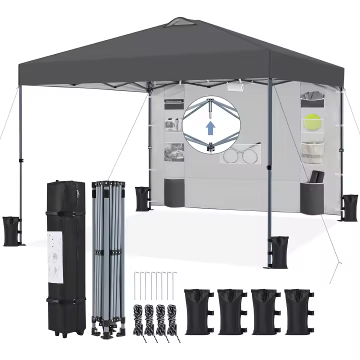 3x3M Carpa Pop-Up con Botón Central con Pared Lateral de 9 Bolsillos de Almacenamiento, 1 Bolsa con Ruedas y 4 Sacos de Arena para Playa, Patio, Camping y Jardín, Gris Oscuro - 1