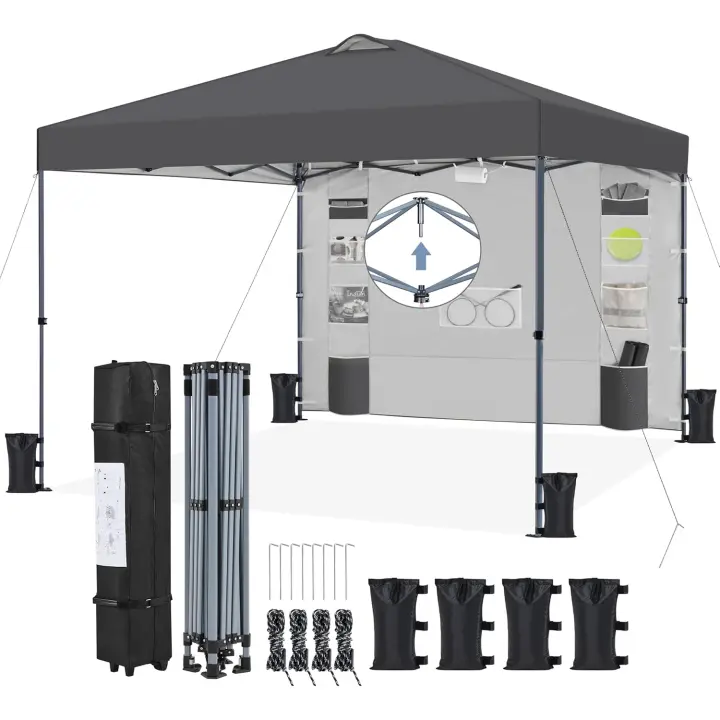 3x3M Carpa Pop-Up con Botón Central con Pared Lateral de 9 Bolsillos de Almacenamiento, 1 Bolsa con Ruedas y 4 Sacos de Arena para Playa, Patio, Camping y Jardín, Gris Oscuro - 1