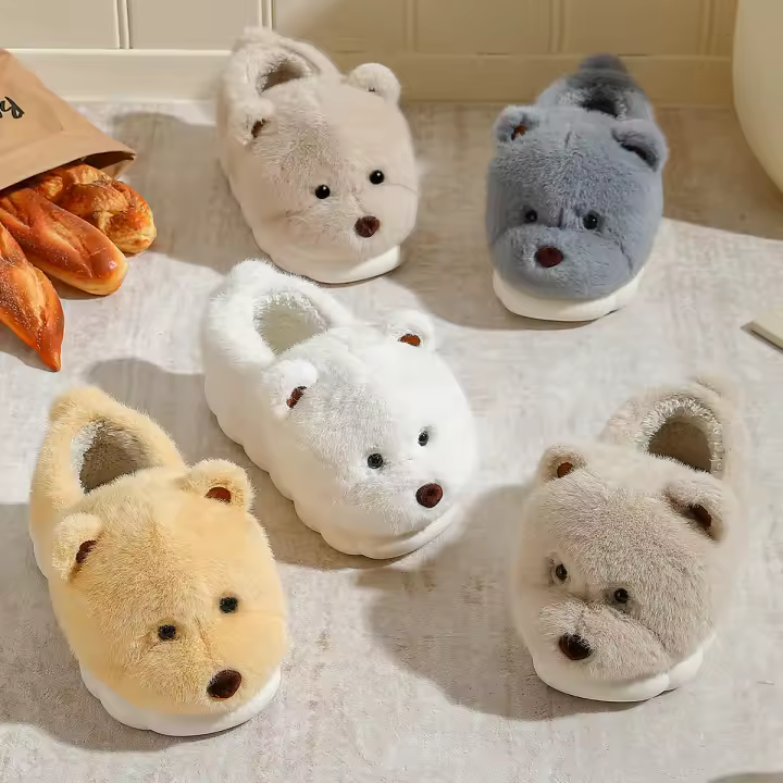 Pantuflas De Peluche Grueso Para Hombres Y Mujeres Con Dibujos De Perro Y Oso 3D Para Invierno Pantuflas De Algodón Para El Hogar Con Cubierta De Tobillo Para Parejas - 1