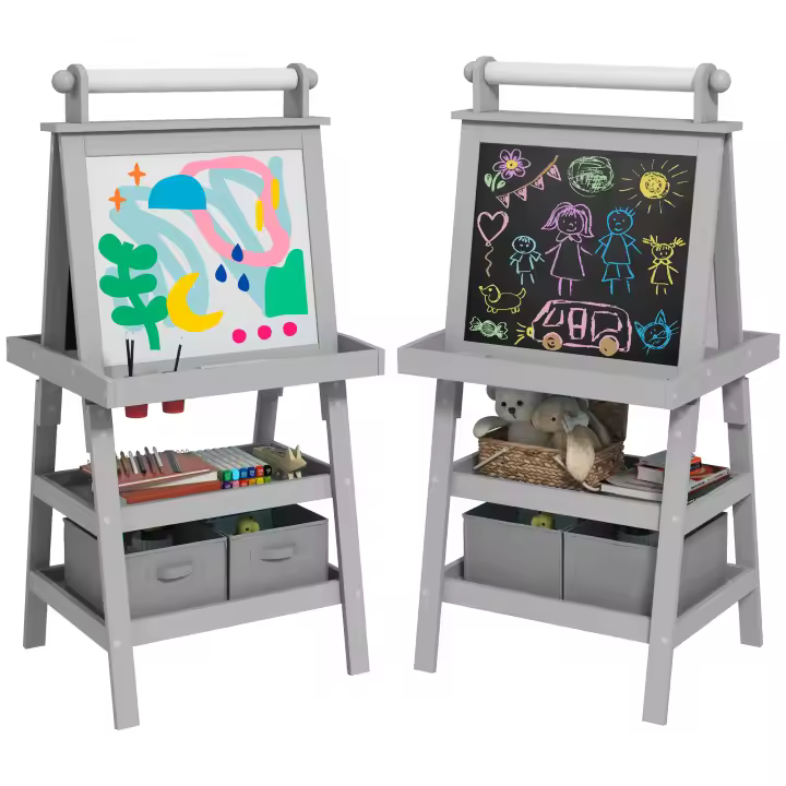 AIYAPLAY Pizarra Infantil Caballete de Pintura para Niños 3 en 1 Pizarra de Doble Cara Magnética con Rollo de Papel y Cestas de Almacenamiento Gris - 1