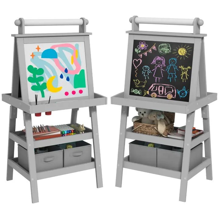AIYAPLAY Pizarra Infantil Caballete de Pintura para Niños 3 en 1 Pizarra de Doble Cara Magnética con Rollo de Papel y Cestas de Almacenamiento Gris - 1