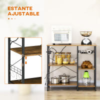 HOMCOM Estantería de Cocina Industrial Estante de Cocina con Toma de Corriente Estantes Ajustables Ganchos y Cesta Metálica 90x40x83 cm Marrón Rústico - details 4