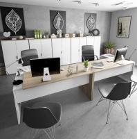 Meimon Mesa de despacho OFFICE reversible con buc integrado de 3 cajones y hueco, guías metálicas, tiradores de aluminio blancos, tacos ABS antirayas, en acabado Roble Canadian y Blanco Artik, 145x102x73 cm, capacidad máxima 25 kg - details 1