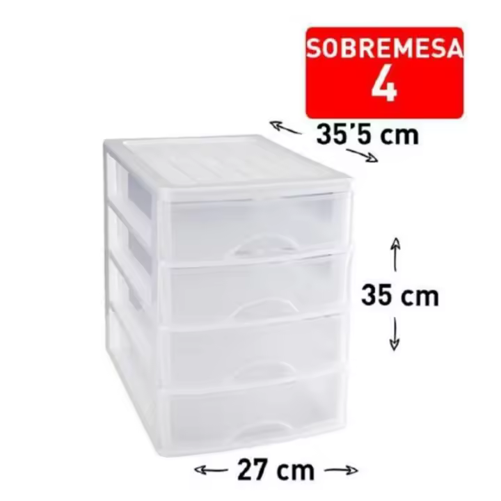 Cajonera SOBREMESA 4 de plástico ,35.5X35X27cm, cajones multicolor, torre almacenaje, sobremesa, escritorio, baño, oficina,ect. - 1