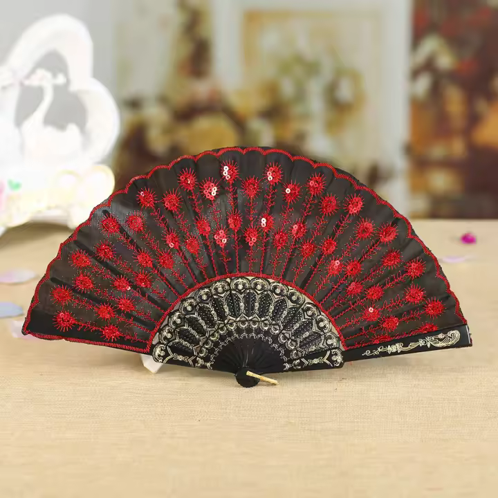 Abanico Plegable De Lujo Estilo Chino Vintage Para Bodas Y Fiestas Con Doble Cara De Encaje Y Seda Diseño De Flor Para Baile Y Manualidades - 1
