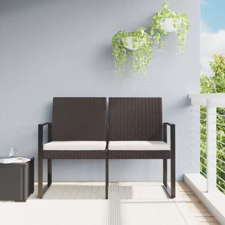 vidaXL Banco jardín 2 plazas cojines PP aspecto de ratán en color Gris oscuro/Negro/Marrón | acolchados duraderos para sofás de jardín terraza exterior - 1