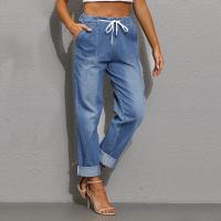 Pantalones Casuales Para Mujer Con Cordón Cintura Alta Jeans Rectos De Algodón Y Spandex Estilo Sencillo Para Todas Las Estaciones - details 7