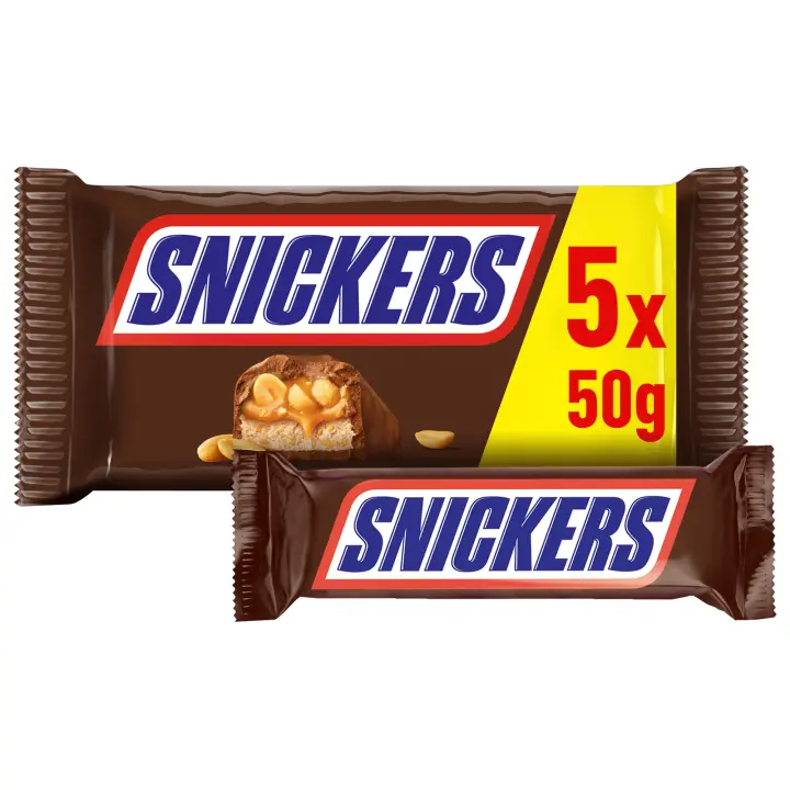 Snickers Barrita de Chocolate con Leche, Crema de Cacahuete, Caramelo y Cacahuetes, 8 packs con 5 de 50g - 1