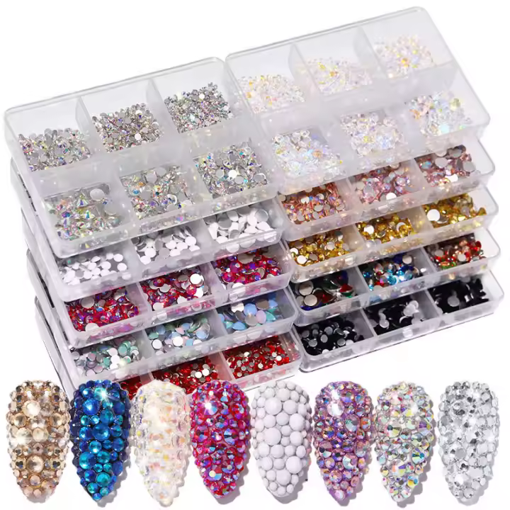 Kit De Diamantes Champagne Para Uñas Con 6 Cuadrículas De AB Cristales Planos Para Arte De Uñas Y Diseño De Manicura DIY Colores Mixtos - 1