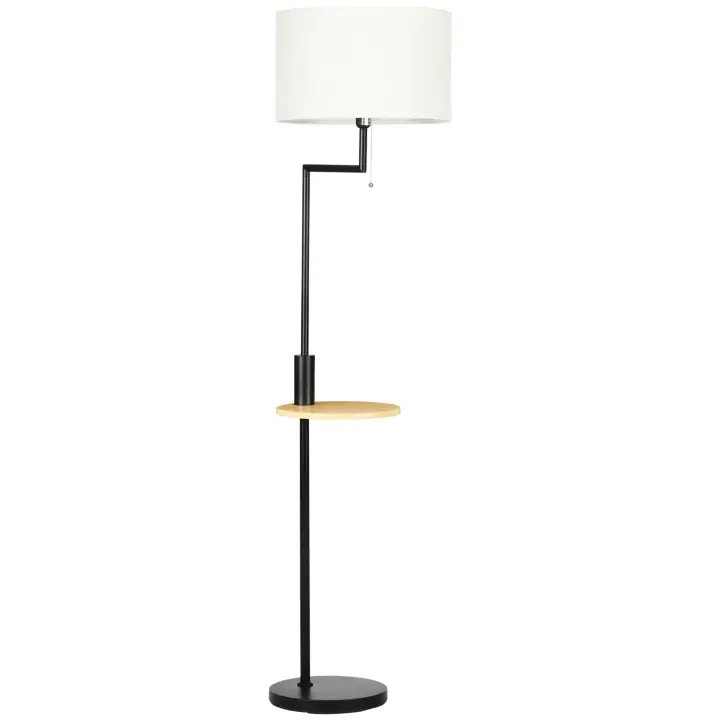 HOMCOM Lámpara de Pie con Mesita Auxiliar Lámpara con Estante Casquillo E27 Máx. 40W con Pantalla de Lino Interruptor de Cadena y Cargador USB para Salón Ø40x168 cm Natural - 1
