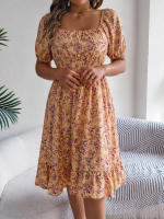 Vestido Elegante De Primavera Y Verano Para Mujer Con Estampado Floral Cuello Cuadrado Manga Corta Volante Al Borde Vestido A-Line De Rodilla Casual - details 29