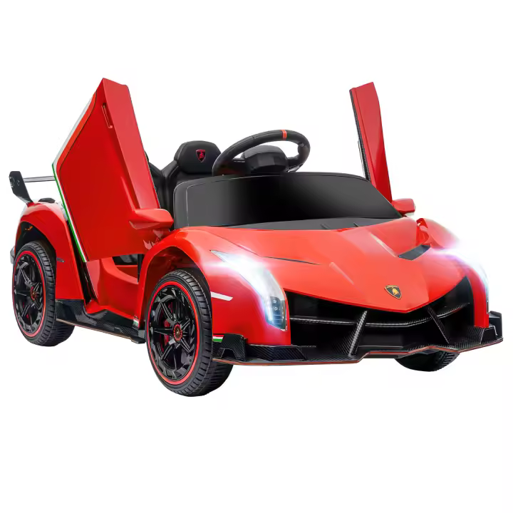 HOMCOM Lamborghini Veneno - Coche eléctrico para niños con licencia de 12 V, puertas de mariposa, batería extraíble, mando a distancia, música, bocina, suspensión, para niños de 3 a 6 años, color rojo - 1